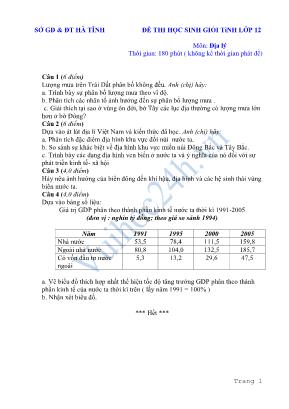 Đề thi học sinh giỏi tỉnh môn Địa lý Lớp 12 - Sở giáo dục và đào tạo Hà Tĩnh (Có đáp án)